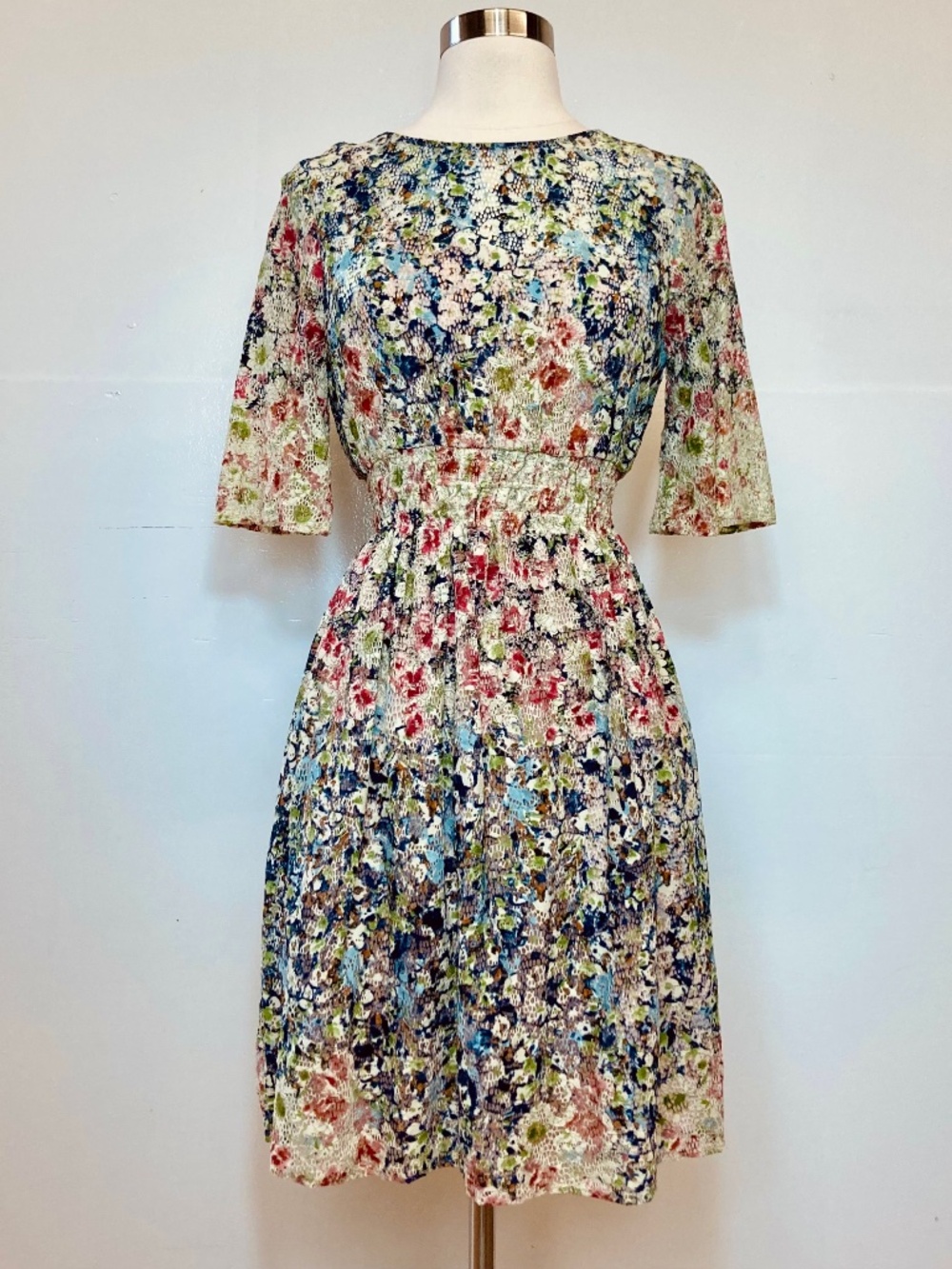 Zara Mid Sleeve Micro Floral Lace Mini Dress Cottage Core Gradient Earthy